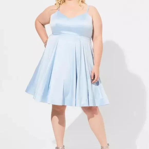 Torrid Mini Satin Skater Dress In "Skyway" Blue- NWT- Size 24 - Picture 1 of 7